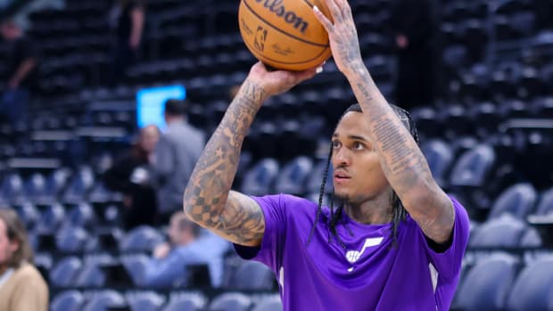 Mar 18, 2024; Salt Lake City, Utah, USA; Utah Jazz guard Jordan Clarkson (00) warms up before the game against the Minnesota Timberwolves at Delta Center. Mandatory Credit: Rob Gray-USA TODAY Sports
